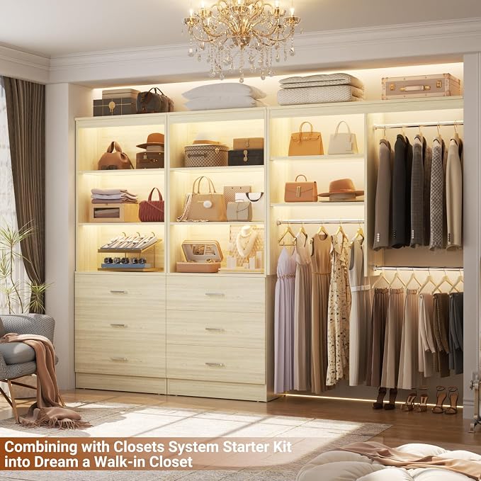 Aheaplus 47.2" Closet Drawers System, 3.94FT Wood Closet Organizer System with 3 Drawers, Modular Small Walk-in Closets Storage Unit, Set of 2, White Oak (47.2" L x 13.8" W x 71" H)