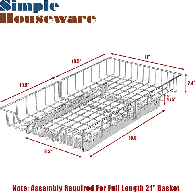 Simple Houseware Under Cabinet Pull Out Sliding Shelf, 21" Dx11 W, Chrome