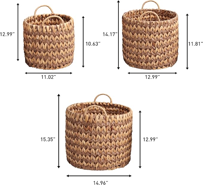 happimess Cassia 3-Piece Handwoven Hyacinth Nesting Baskets, Brown/Natural | Two-Tone Style, Integrated Round Handles, Durable Iron Metal Frame, Coastal Farmhouse Decor, Living Room Storage Containers