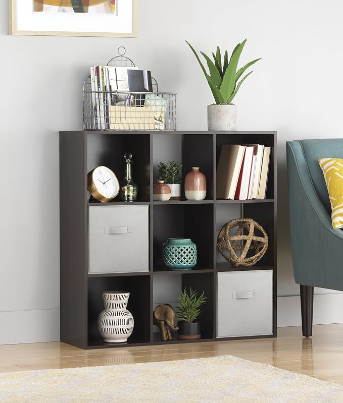 Whitmor 9 Cube Storage Organizer, 3 Tier Stackable Mdf Wood Bookcase, Open Storage Display Bookshelf, Storage Cabinet for Living Room, Bedroom, Home, Office, 35.5"L x 11.7"W x 35.5"H, Espresso