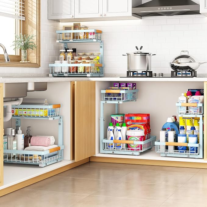 PXRACK Under Sink Organizer, Adjustable Height, 2 Tier Pull Out Under Cabinet Organizer, Slide Out Thickened Metal Under Sink Storage for Kitchen Bathroom Laundry Pantry Cabinet, Blue, Large-1-Pack