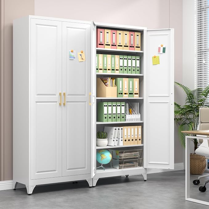 Polup 75" Pantry Cabinet, Tall Metal Storage Cabinet with Doors and Shelves | White Kitchen Cabinet, 5 Adjustable Shelving, Heavy-Duty Steel, Gold Handles, 4 Standing Feet, for Garage Office & Laundry