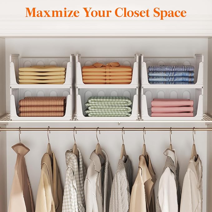 Lifewit 6 Pack Stacking Closet Organizers Shelf for Clothes 16.5" Depth | Plastic Stackable Sweater Storage basket Bins for Wardrobe, Multifunctional Pants Organizer for RV, Pantry, Kitchen, Dorm