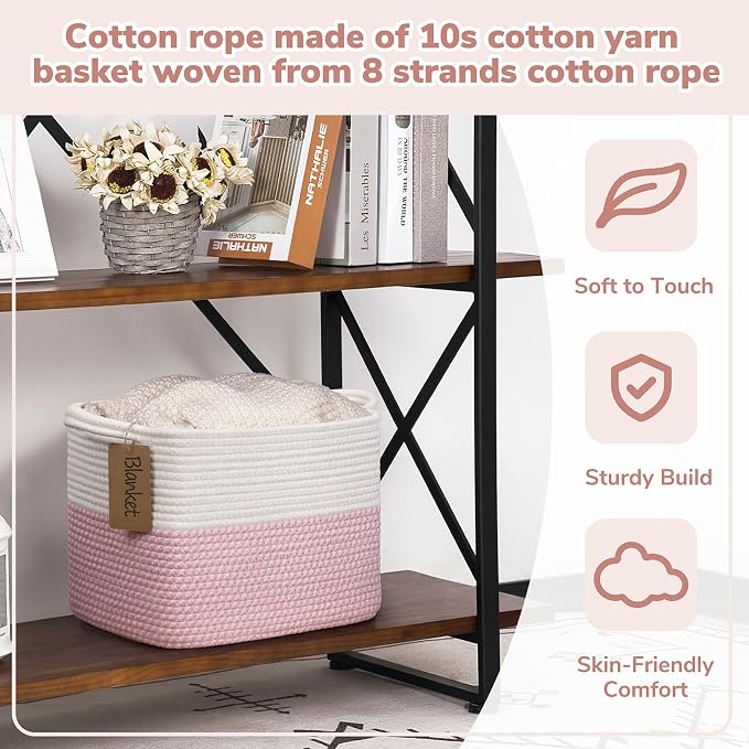 Goodpick Small Woven Storage Baskets for Organizing, Pink & White | 13 × 10 × 9 in, Reinforced Handles, Nursery, Bedroom & Shelf Organization, Toys, Books, Baby Essentials & Gift Giving