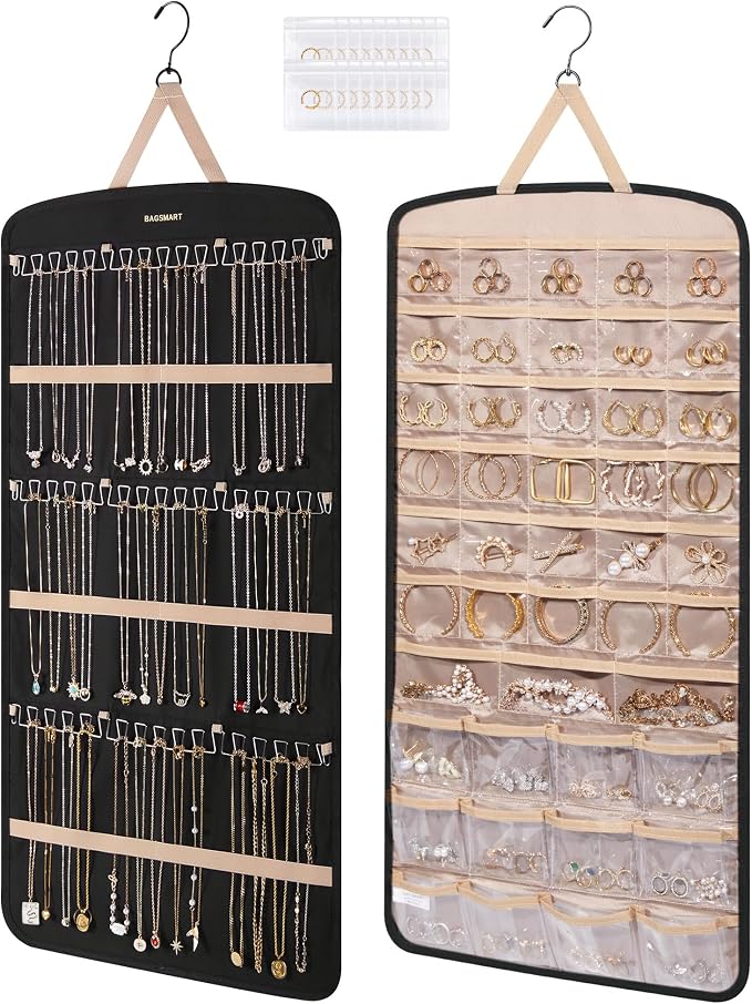BAGSMART Hanging Jewelry Organizer, Anti-tangle Necklace Holder Earrings Rings Closet, Door,1 Piece, Extra Large Black