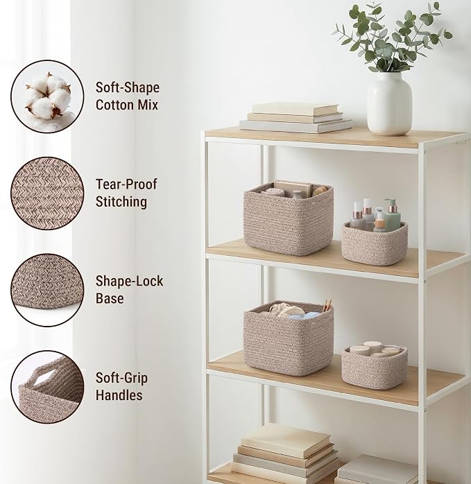 5-Pack Storage Cubes Woven Rope Baskets, 2 Sizes Organizer Bins | Ideal for Closet, Shelf, Bookshelf, Nursery, Changing Table, Cube Storage Bins, Storage Baskets for Bathroom Toy & Home
