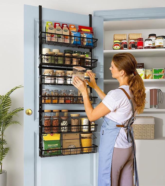 Mefirt Over The Door Pantry Organizer, Pantry Storage and Organization | 6-Tier Adjustable Hanging Baskets, Metal Wall Mount Spice Rack Seasoning Shelves for Home & Kitchen, Laundry Bathroom - Black