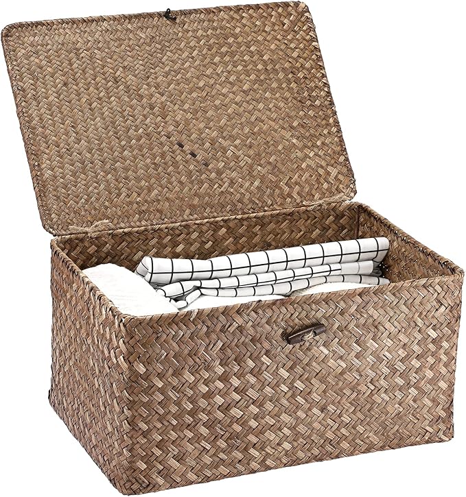 Hipiwe Wicker Shelf Baskets Bin with Lid Large Handwoven Basket Box, Coffee | Natural Seagrass Storage Baskets, Rectangular Household Basket Boxes for Shelf Wardrobe Home Organizer