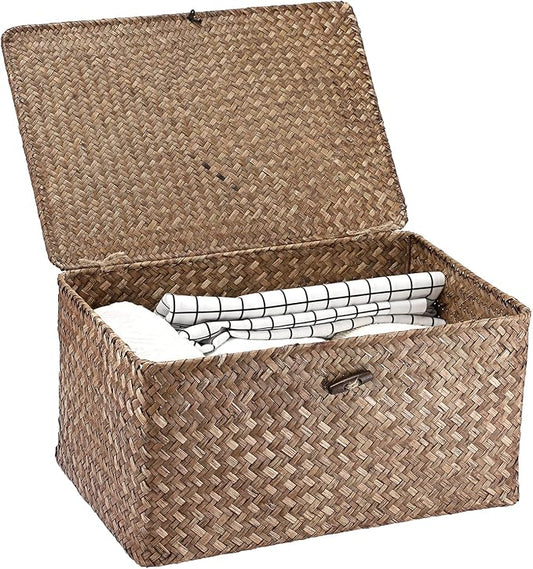 Hipiwe Wicker Shelf Baskets Bin with Lid Large Handwoven Basket Box, Coffee | Natural Seagrass Storage Baskets, Rectangular Household Basket Boxes for Shelf Wardrobe Home Organizer