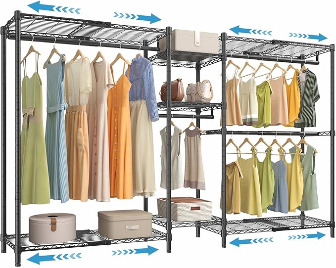 VIPEK Classic V6X Dynamic Closet System, Expandable Garment Rack | Adjustable Width 62"-96" Expandable Freestanding Clothes Rack with Shelves & Hanging Rods for Reach-in Closet