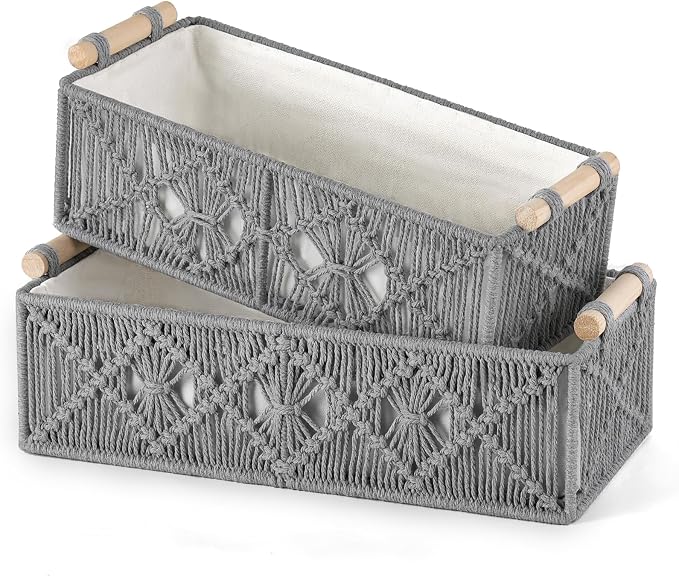 Mkono Macrame Storage Baskets Boho Decor Box Handmade Woven Decorative Countertop Toilet Tank Shelf Cabinet Organizer for Bedroom Livingroom Home, Set of 2, Grey | Small Baskets for Organizing, Hand-Woven, Bohemian Beach Coastal Decor, Shelf Vanity Cab...