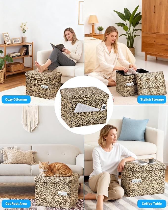 Bsketa Storage Ottoman, 17" Folding Velvet Foot Rest,Leopard Print 2 Pack | Small Ottoman with Side Pockets, Thicker Foam Padded Seat, Livingroom, Dorm, Bedroom, Easy to install, 43L,17x13x13in