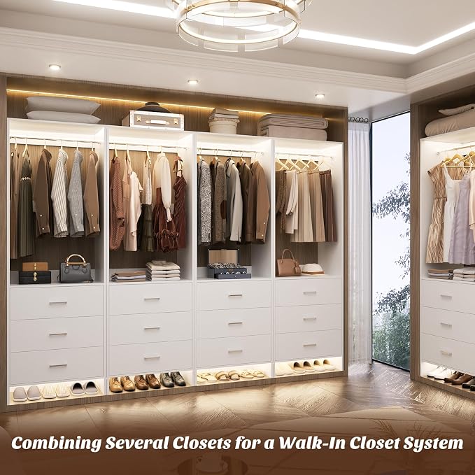 Aheaplus Closet System Closet Organizer, Wood Closet Organizer System, Walk-in Closet or Small Closets Wardrobe, Clothes Rack with Hanging Rods, 4FT Closets, Set of 2, White