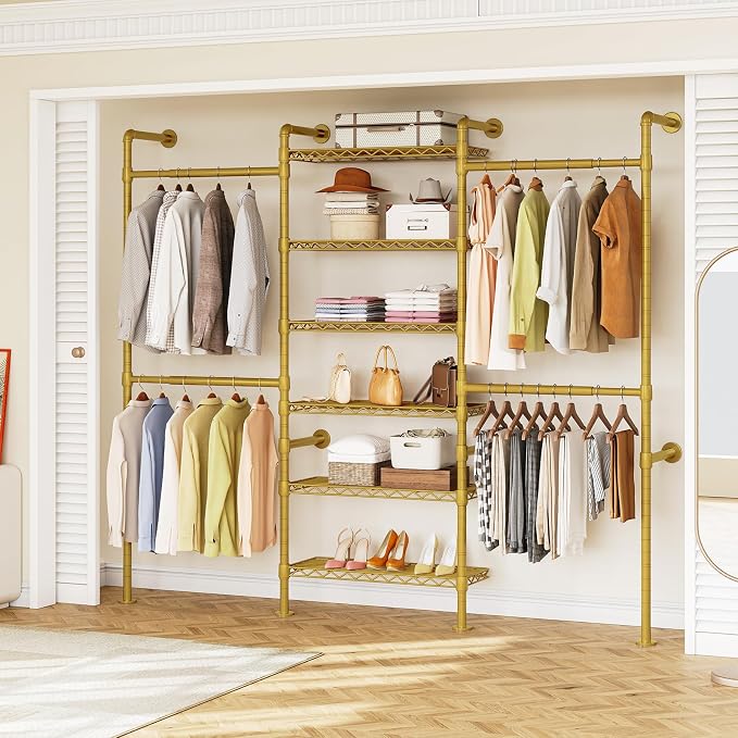ONBRILL H3 Expandable Wall Mounted Closet System, 5.4FT-8.1FT Closet Organizer with 4 Telescopic Rods & 6 Wire Shelves, Industrial Pipe Clothing Rack for Walk-in & Reach-in Closet (Gold)