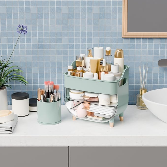 Green Make up Organizer for Countertop,Vanity,Large Capacity Bathroom Makeup Skincare Organizers With Brush Holder,Makeup Storage Organizer for Lotion,Beauty Products,Skin Care,Makeup Display