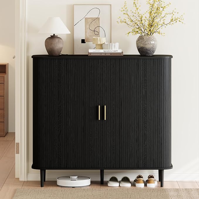 DHH Shoe Storage Cabinet with Sliding Door, 6-Tier Shoe Cabinet with Adjustable Shelves, Mid Century Modern Freestanding Shoe Storage Organizer for Entryway, Hallway, Living Room (Black, 47 ")