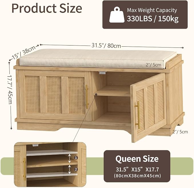 Heybly Shoe Cabinet with Bench, Rattan Storage Bench with Cushion, HSB001N | Entryway Shoe Storage Bench with 2 Doors, Adjustable Shelves, 31.5" Wooden Shoe Bench for Living Room, Hallway, Natural