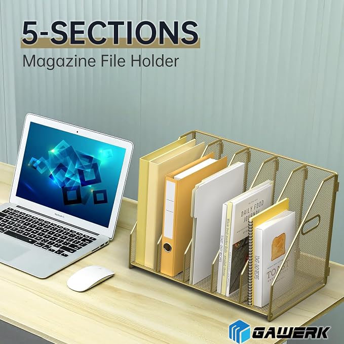 MINDEPOT Desk File Organizer Folder Holder with 5 Vertical for Office, Gold