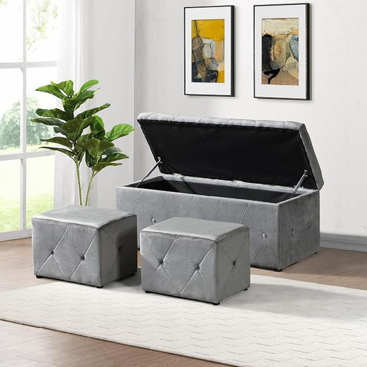 Ottoman Set of 3, 39'' Hinged Tufted Storage Ottoman Bench with Cushion, 2pcs Small Dorm Stools Couch Side Foot Rest