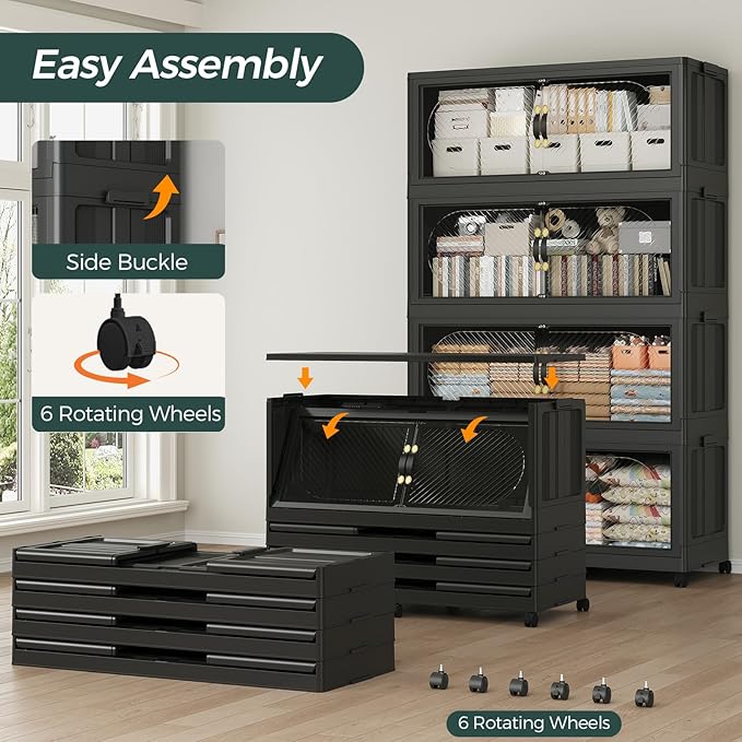 960QT Extra Large Stackable Storage Bins with Lid, 240Gal Plastic Closet Organizers and Storage Drawer, Collapsible Cabinet Box with Wheels Clear Doors for Home Kitchen Garage, 4Pack Black
