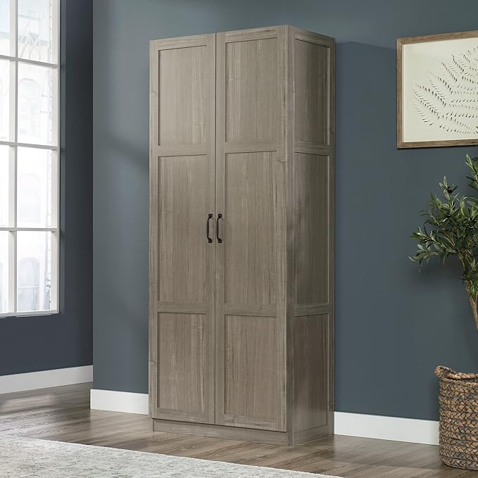 Sauder Select 71" Storage Cabinet, Pantry Cabinet Kitchen Storage with Adjustable Shelves, Bathroom Storage Cabinet, in Silver Sycamore