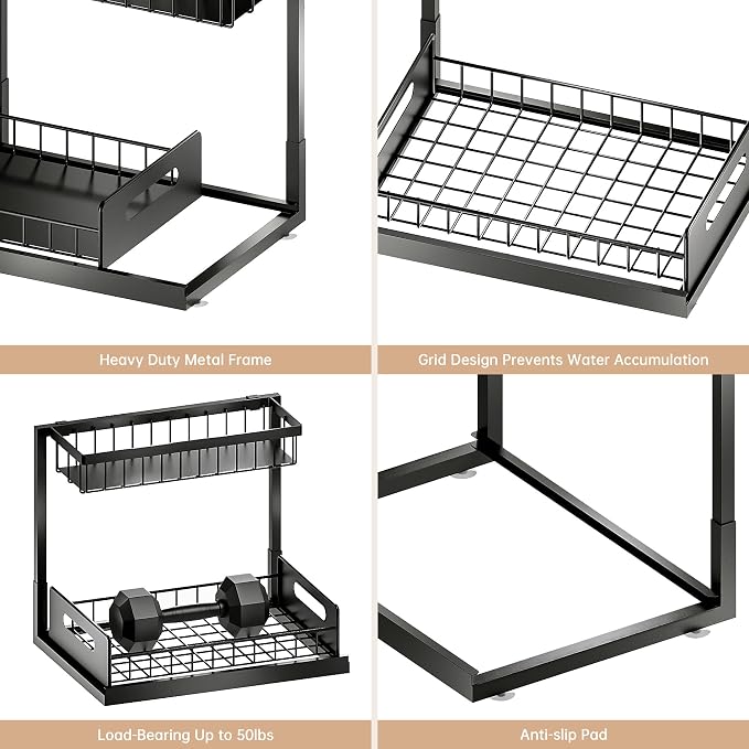 Under Sink Organizer and Storage, Slide Out Cabinet Organizer, Pull Out Sink Shelf for Kitchen Bathroom Laundry, Black, 1 Pack
