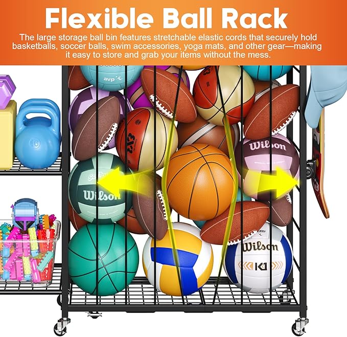 Ball Storage with Elastic Rope for Sports and Outdoors, Garage Organization with Wheels for Sports Gear and Toys, Large-Capacity Sports Equipment Organizer with Baseball Bat Holder and Basketball Rack