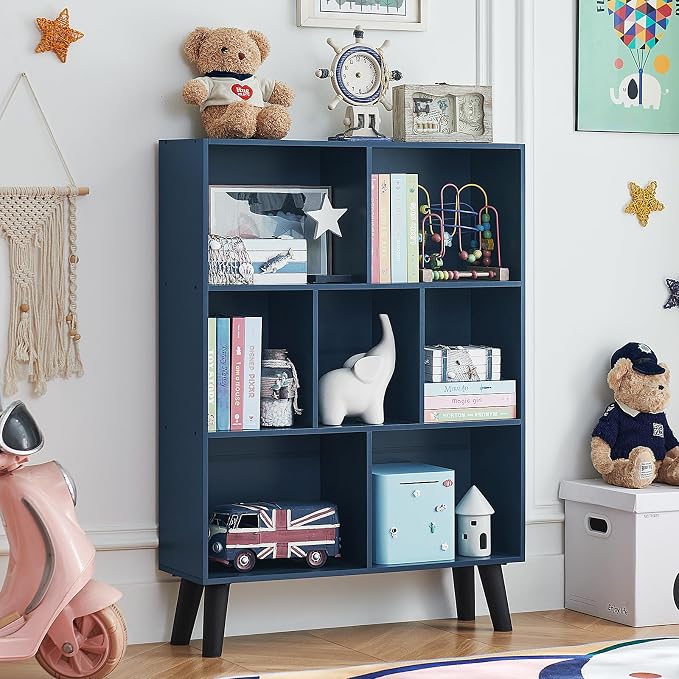 LEYAOYAO Cube Bookshelf, Mid-Century Modern Book Shelf with Legs, Dark Blue | 3 Tier Bookcase, Rustic Wood Bookshelves Freestanding Small Storage Organizer, Open Shelves for Bedroom, Living Room, Office