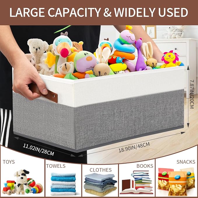 3 Pack Large Capacity Storage Bins Closet Organizer for Shelves | Fabric Closet Storage Baskets Boxes with Leather Handles for Organizing Clothes, Sheets, Jeans, Toys, Books (Grey)