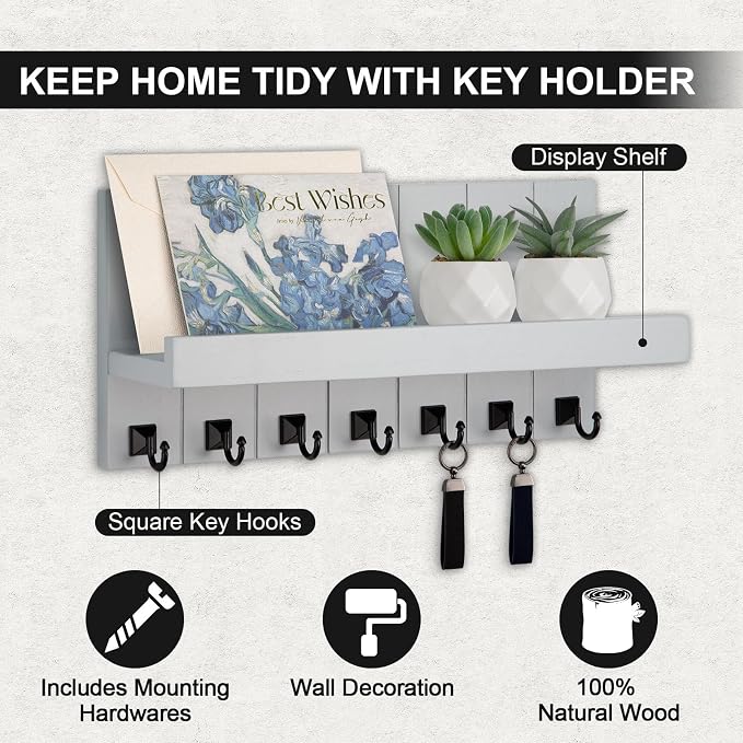 Key Holder for Wall, Decorative Key Holder with Shelf, Key and Mail Holder Wall Mount, Farmhouse Decor with 7 Key Hooks for Keys, Coats, ect.