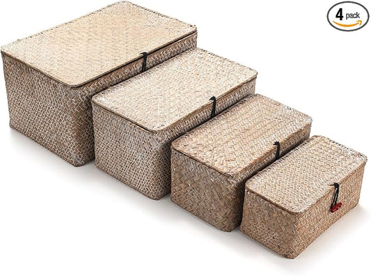 4 Pack, Wicker Baskets with Lids, Natural Seagrass Storage Baskets, Woven Rectangular Basket Bins, Rattan Storage Organizer for Shelf (Whitewashed, Set of 4)