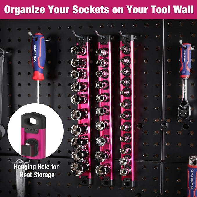 WORKPRO Magnetic Socket Organizer, Heavy Duty 1/4-Inch Drive Socket Rail | 1 Piece Socket Holder with 12 Spots, Aluminum Alloy, Rotatable & Movable Clips, Efficient Organization