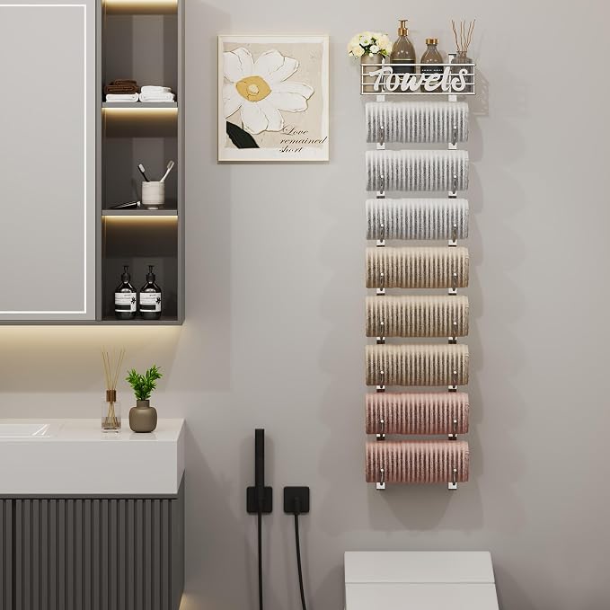 SWTYMIKI Hanging Towel Racks for Bathroom - 9 Tier Over the Door & Wall Mounted Bath Rolled Towel Storage Organizer Holder for Small Bathroom, RV, Camper (Polished Nickel, 9-Tier)