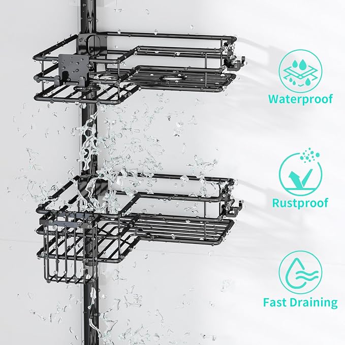 HapiRm Corner Shower Caddy Organizer - Shower Organizer Corner with Soap Holder, Toothbrush Holder and 4 Hooks, Rustproof Bathroom Shelf Tension Pole Available for 27.6 to 108.3 Inch - Black