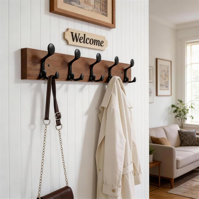 WEBI Coat Rack Wall Mount,30" Solid Wood Coat Hooks Wall Mounted Coat Hanger,16" Hole to Hole,Heavy Duty 5 Triple Hooks for Hanging Coats,Jacket,Hat,Backpack,Farmhouse,Reddish Brown,2 Packs