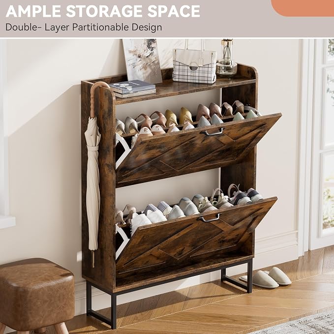Nicetree Shoe Storage Cabinet with 2 Flip Drawers, Freestanding Wood Shoe Organizer with Metal Legs, Farmhouse Slim Shoe Rack for Entryway, Foyer, Hallway, Rustic Brown