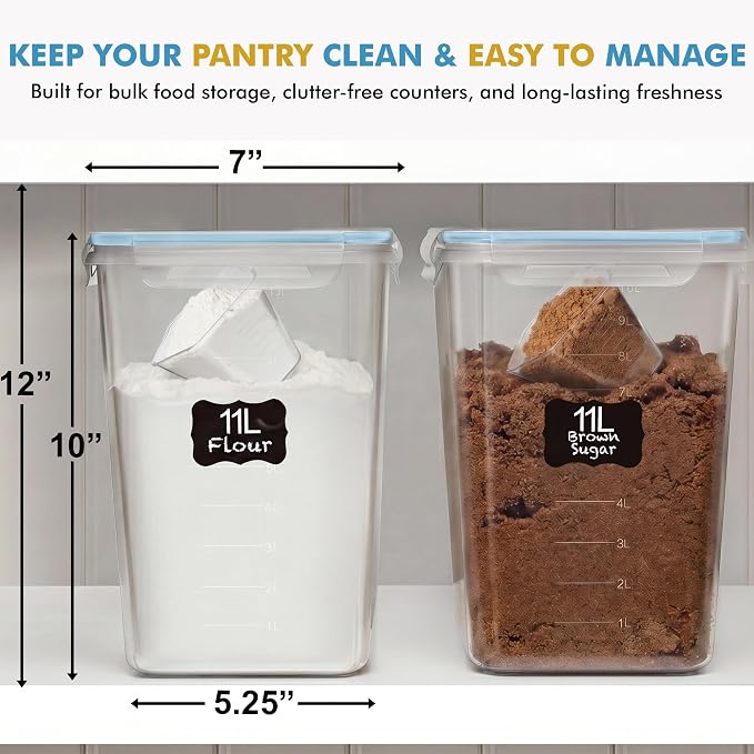 Shazo 2 PC (11L | 372 oz) Flour Sugar Storage Containers with Easy Carry Handle - Plastic Extra Large Food Storage Containers with Lids for Rice Cereal, BPA Free & Airtight Kitchen Pantry Organization