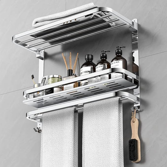 CAXIMSY Towel Rack with Shelf, 22.63" Bathroom Shelf with Double Towel Bars Stainless Steel, Wall Mounted, Foldable Top, 2 Hooks, Adhesive/Screw Install, Space-Saving for Small Bathrooms & Apartments