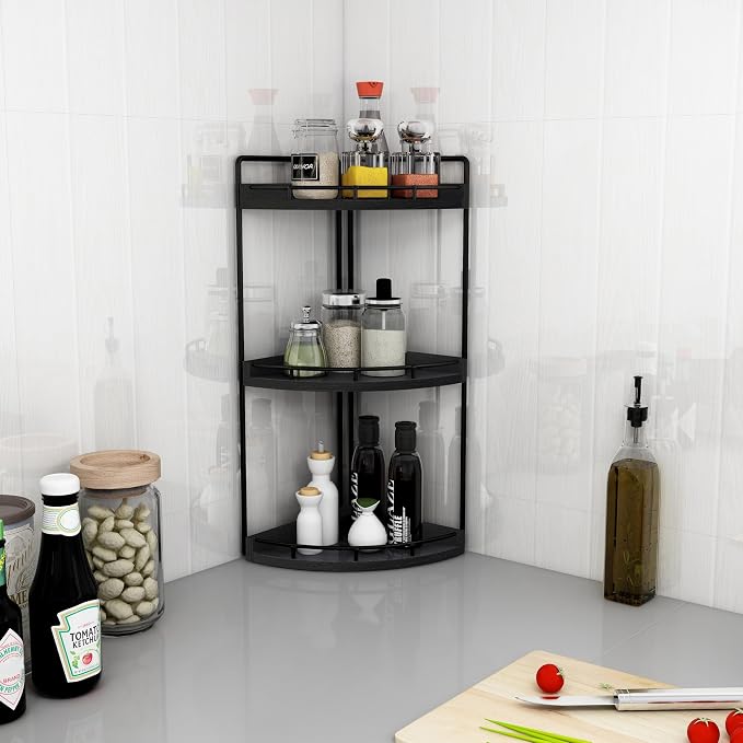 Dorhors Corner Bathroom Organizer Countertop,Vanity Counter Storage Shelf | 3 Tier Black Stand Rack Holder for Kitchen,Dresser,Restroom,Wood Bathroom Sink Tray for Makeup,Perfume,Skincare,Lotion