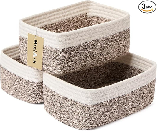 MiniArk Small Storage Baskets for Organizing | Closet Organizer Bins | Shelf Toy Basket | Woven Rope Baskets | Cube Decorative Box | Shallow Basket | 11.5x7.5x4.7” | 3 Packs White Brown