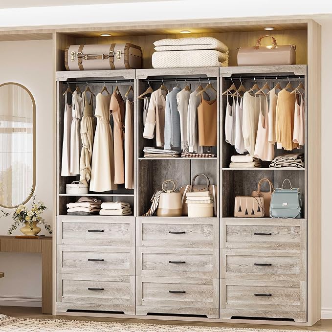 IRONCK Freestanding Closet System with Adjustable Shelves & 3 Drawers | Closet Organizer with Hanging Rod, Ideal for Bedrooms, Apartments and Small Closet Storage