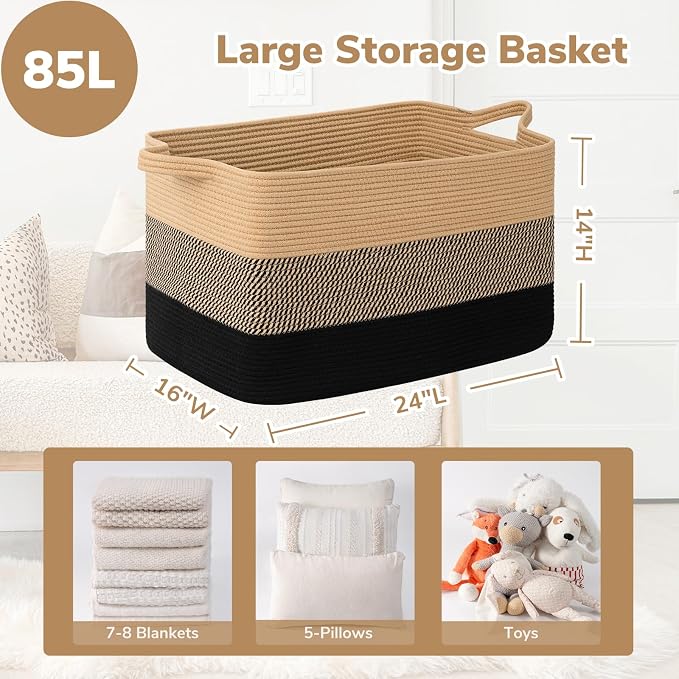 Goodpick Extra Large Wicker Blanket Basket with Handles, Black Jute | 85L, 23.6 x 15.7 x 13.8 in, Rectangle, Living Room, Bedroom & Nursery Organization, Blankets, Pillows & Toys Storage