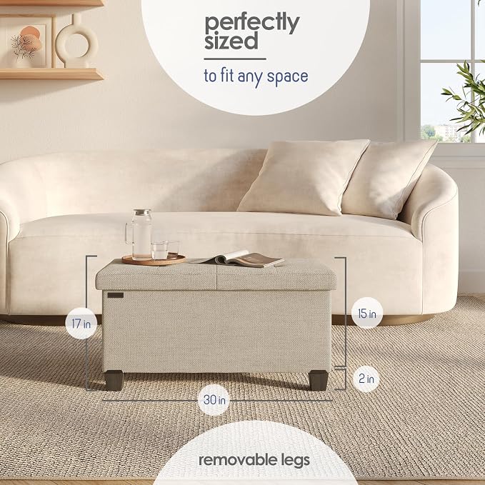 Storage Ottoman Bench with Bins, 30-in Storage Bench for Bedroom End of Bed, Folding Foot Rest Ottoman for Living Room Max 660lbs, Fabric Ottomans, Beige