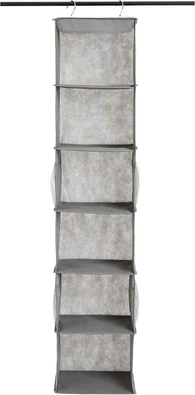 Amazon Basics 6-Tier Hanging Closet Shelf Organizer with Pockets, Clothes Storage for Sweaters and Clothing,8" Dx12 W x 9" L x 8.5" H, Grey (Pack of 10)