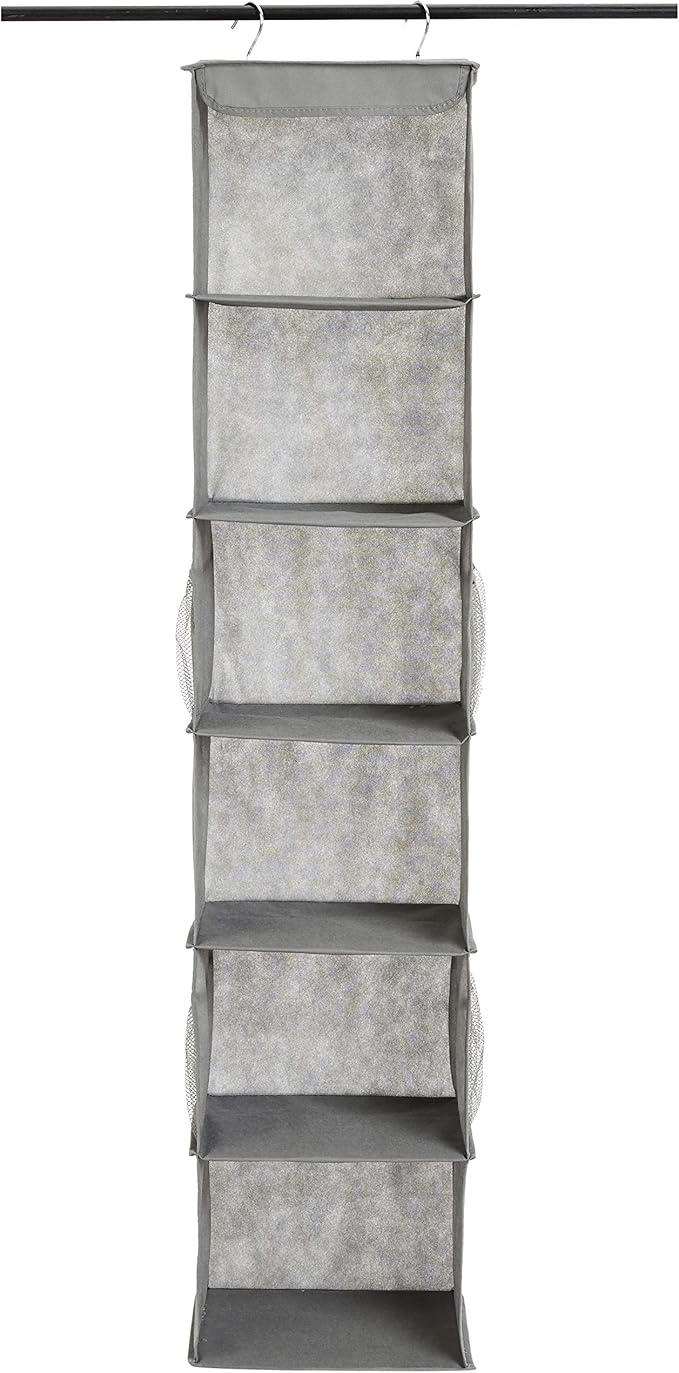 Amazon Basics 6-Tier Hanging Closet Shelf Organizer with Pockets, Clothes Storage for Sweaters and Clothing, 12" W x 9" L x 8.5" H, Grey | Organizer