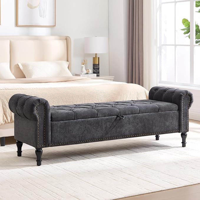 Storage Bed Bench for Bedroom, Chenille 67" End of Bed King Size Benches with Armrest, Tufted Button Upholstered Ottoman Bench for Living Room, Entryway, Dark Grey