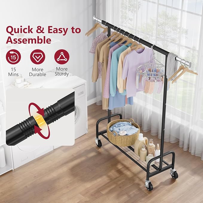 Clothes Rack with Shelf, Adjustable Heavy Duty Load 300 LBS, Black | Rolling Clothing Rack with Extendable Rod, Commercial Portable Garment Rack with Wheels for Bedroom, Laundry Room