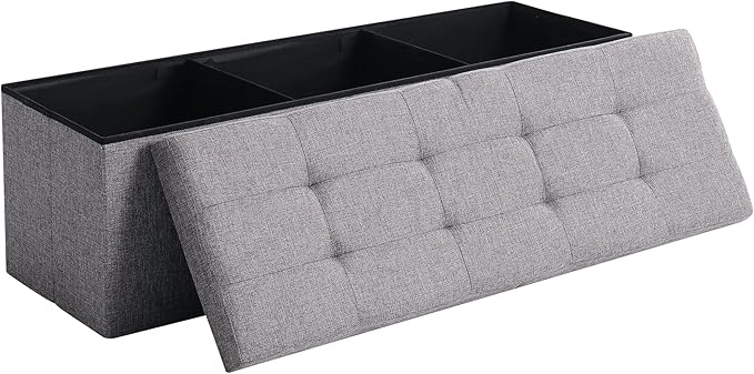 45.3 Inches Foldable Seat Footrest Shoe Bench End of Bed Storage with Flipping Lid, 166L Upholstered Tufted Bench, Linen Fabric Grey