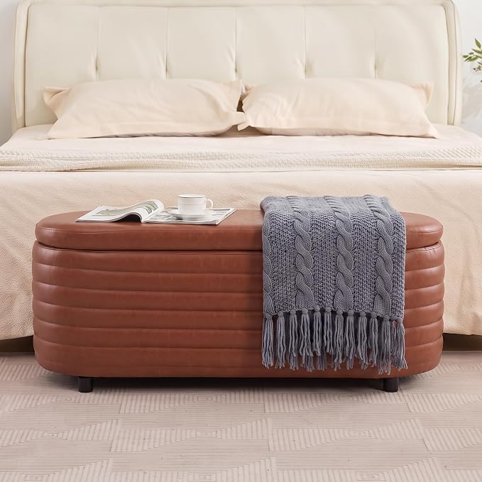 Storage Ottoman Bench Upholstered PU Leather End of Bed Stool with Safety Hinge for Bedroom, Living Room, Entryway (45.5-inch, Brown)