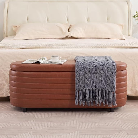 Storage Ottoman Bench Upholstered PU Leather End of Bed Stool with Safety Hinge for Bedroom, Living Room, Entryway (45.5-inch, Brown)
